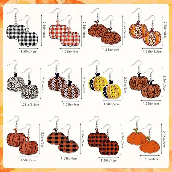 12 Pairs Thanksgiving Fall Earrings for Women Leopard pumpkin Maple Leaf Turkey - Picture 2 of 7